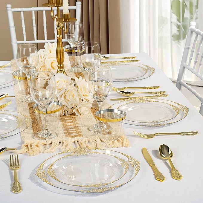 350PCS Clear Plastic Plates for 50 Guests, =Disposable Dinnerware Sets Include 50 Gold Rim Plastic Plates, 25 Silverwares, 25 Cups, and 25 Pre Rolled Napkins for Party, Wedding and Graduation