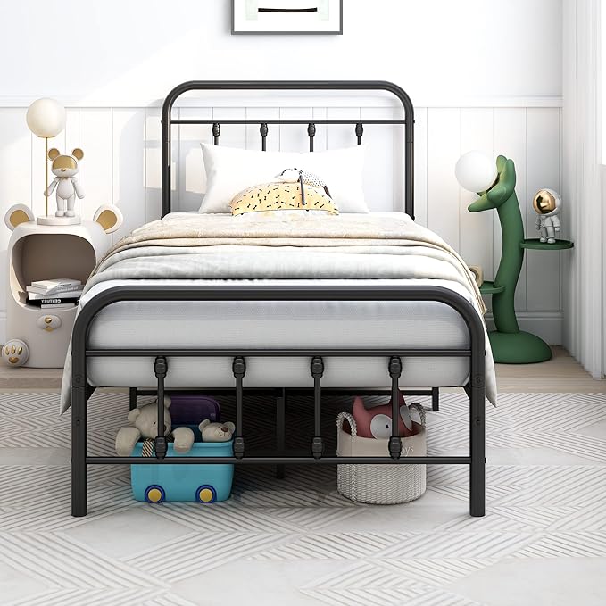 DUMEE Metal Twin Bed Frame with Vintage Headboard and Footboard Sturdy Premium Steel Slat Support No Box Spring Needed, Textured Black