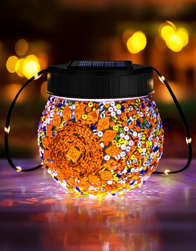 Mosaic Solar Lights Outdoor 6 Pack, Solar Hanging Lanterns Christmas Halloween Gifts for Women Mom Grandma, Waterproof Glass Globe Lights, Garden Patio Decor for Yard, Tree, Balcony, Warm