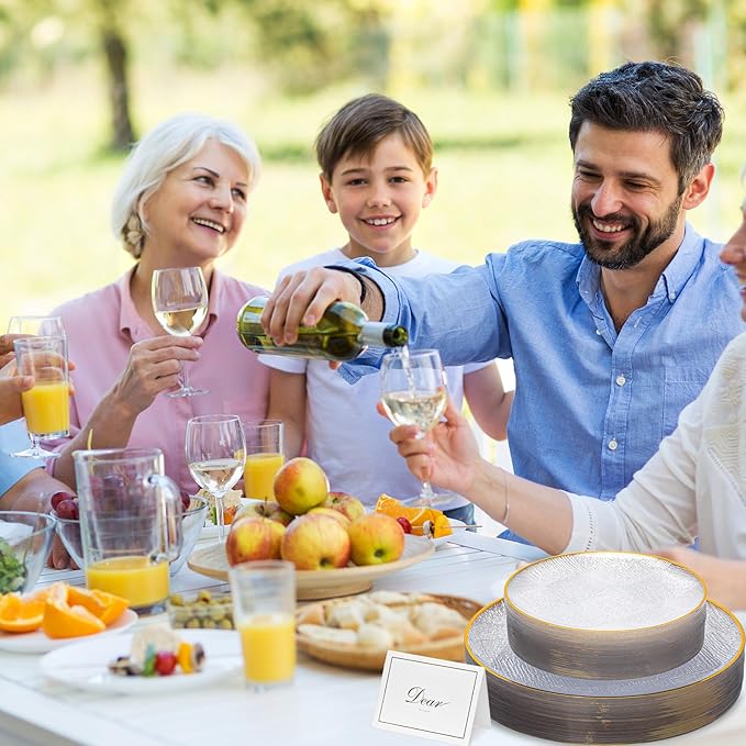 120 PCS Clear Plastic Plates, Geometric Embossed Disposable Plates with Gold Rim, Heavy-duty Gold Plates Include 10" Dinner Plate & 7" Salad Plate for Party and Wedding