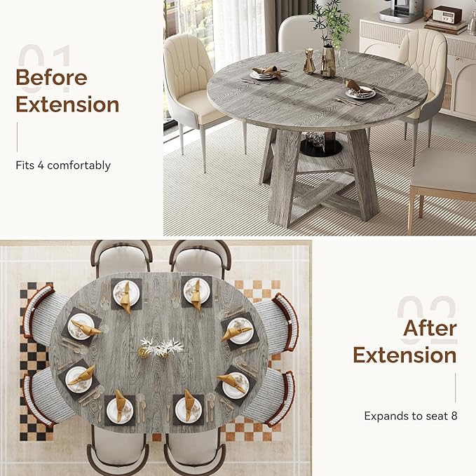 Aivermel 43.3‑59 in Extendable Oval Dining Table for 4‑6, Engineered Wood Round Dining Table with Hidden Extension Storage & Bottom Shelf, Space‑Saving Modern Kitchen Living Room Tables (Vintage Grey)