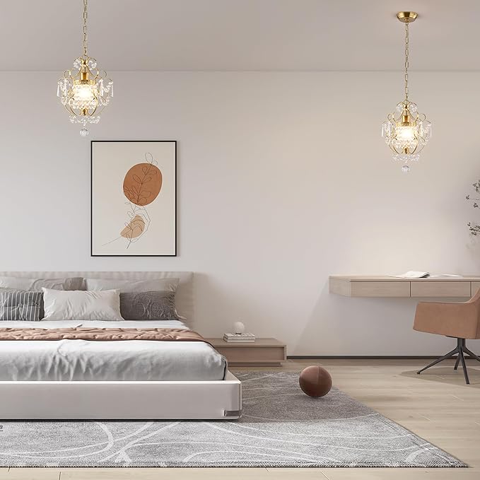 Modern Gold Mini Chandelier, Crystal Light Fixtures Ceiling Mount 1 Light Small Crystal Chandeliers for Bedroom Elegant Crystal Pendant Lighting for Girls Room Dining Room Closet Kitchen Island