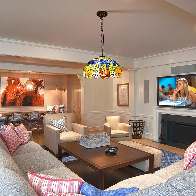 Tiffany Kitchen Island Pendant Light Rose Stained Glass Chandelier Victorian Hanging Lighting Fixture for Dining Living Room Study Hallway,15 inch