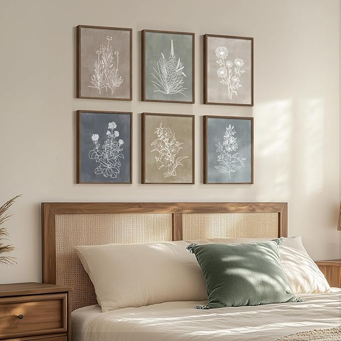 Framed Boho Botanical Wall Art for Living Room, Set of 6 Rustic Floral Canvas Painting Prints, Vintage Minimalist Neutral Flower Artwork for Modern Farmhouse Bedroom Kitchen Hallway Wall Decor, 11x14