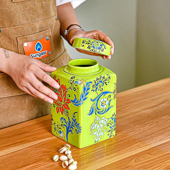 Sungmor Decorative Ceramic Ginger Jar with Lid, Square Ceramic Storage Jar Tea Canister, 8.2" Hand Painted Floral Pattern Porcelain Vase for Table Centerpiece, Green Glazed Ginger Jar for Home Decor