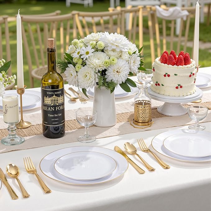 KIRE 60PCS Gold Plastic Plates - Thanksgiving Heavy Duty White Disposable Plates with Gold Rim for Party/Wedding- Include 30Pieces 10.25inch Dinner Plate and 30Pcs 7.5inch Dessert Plate