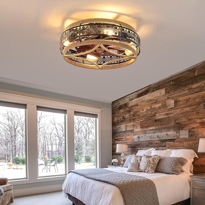 18” Low Profile Boho Nylon Cage Ceiling Fans with Lights and Remote, Black Flush Mount Ceiling Fan, Small Farmhouse Ceiling Fan Lamp Lighting Fixture for Bedroom, Reversible(Bulbs not included)