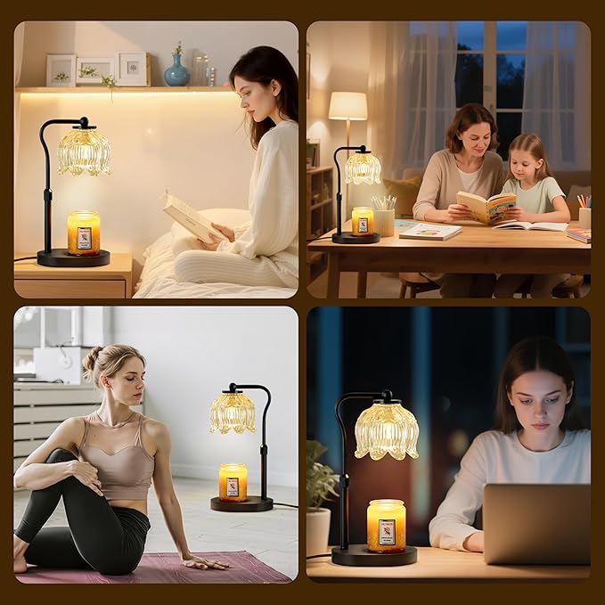 CASTLELIFE Candle Warmer Lamp with Timer & Stepless Dimming, Height Adjustable Electric Wax Warmer for Jar Candles, Flower Wax Melter with Wood Base, Gifts for Women Home Decor, Black Wood