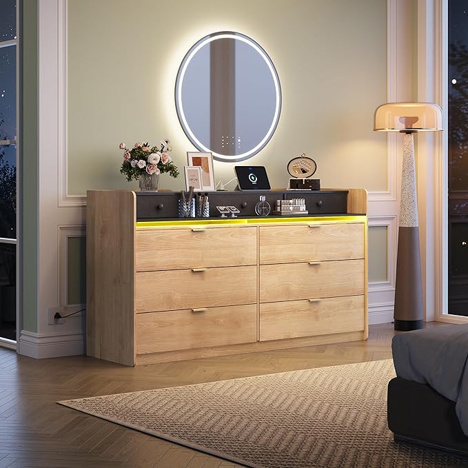WLIVE 9 Drawer Led Dresser for Bedroom, 58.35'' Wide Wooden Dresser Storage Organizer with Power Outlets for 65'' TV, Dressers with Open Shelves, Chest of Drawers for Closet, Living Room, Light Oak