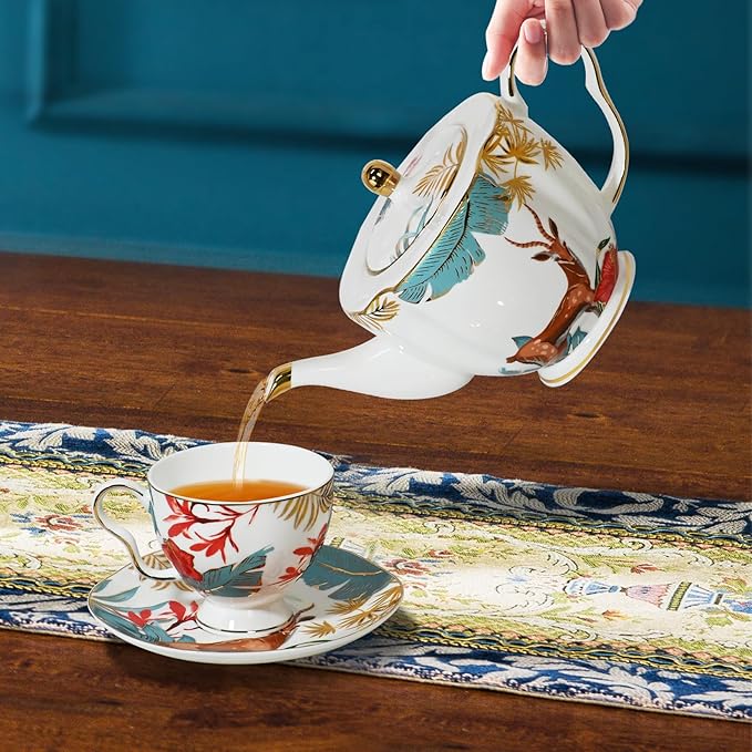 ACMLIFE Tea Cups and Saucers for 1, Bone China Teacup Set for Adults with Gold Trim and Gift Box, Deer Chinese English British Wedding Tea Set for One Coffee Cup Set 6.8 oz (Red-Deer)