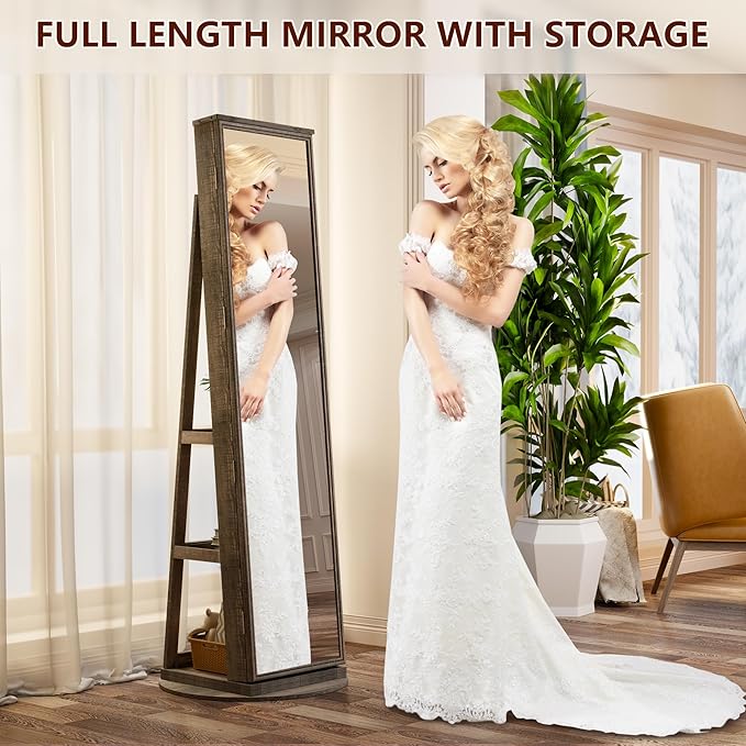 LVSOMT LED Mirror Jewelry Cabinet Standing, 360° Swivel Jewelry Organizers and Storage, Farmhouse Mirror with Jewelry Storage, Lighted Jewelry Armoire with Full Length Mirror (Vintage Bronze)