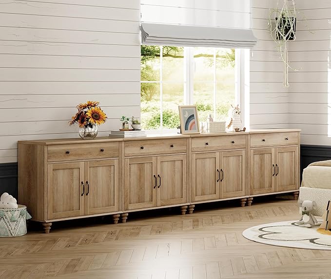 WAMPAT Farmhouse TV Stand for 85 inch TV with 8 Doors and 4 Drawers, Wood Universal TV Stand with Large Storage Cabinets, Oak Entertainment Center TV Console Table for Living Room, Bedroom