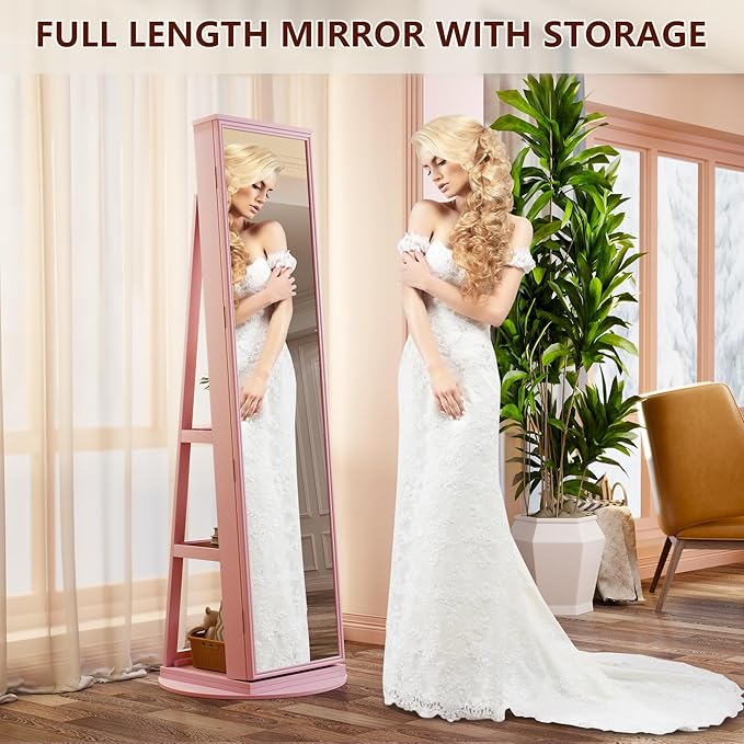 LVSOMT LED Mirror Jewelry Cabinet Standing, 360° Swivel Jewelry Organizers and Storage, Farmhouse Mirror with Jewelry Storage, Lighted Jewelry Armoire with Full Length Mirror (Pink)