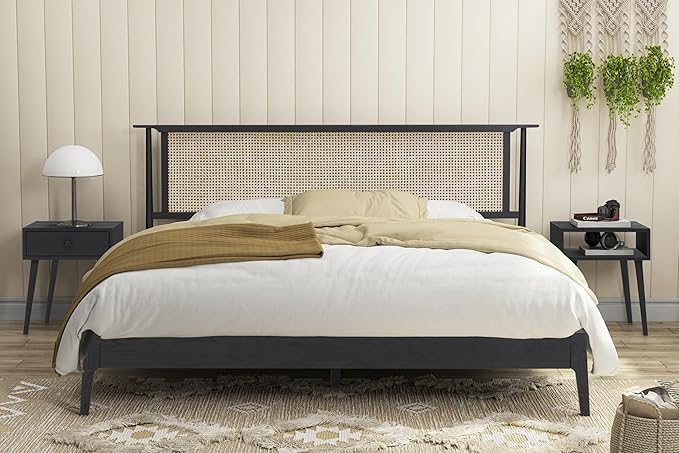 NTC Ruby Wooden Bed Frame with Headboard and Natural Rattan, Solid Oak Foundation with Silent Slats, 1000 Lb Capacity, Effortless Assembly, Queen - Burnt Black