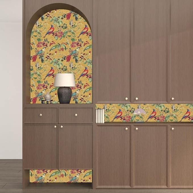 Yellow Boho Wallpaper Peel and Stick,Vintage Floral Bird Contact Paper, Retro Botanical Wall Paper Self Adhesive Removable Waterproof for Bedroom Walls Shelves Cabinet Table Decoration 17.5in x 118in