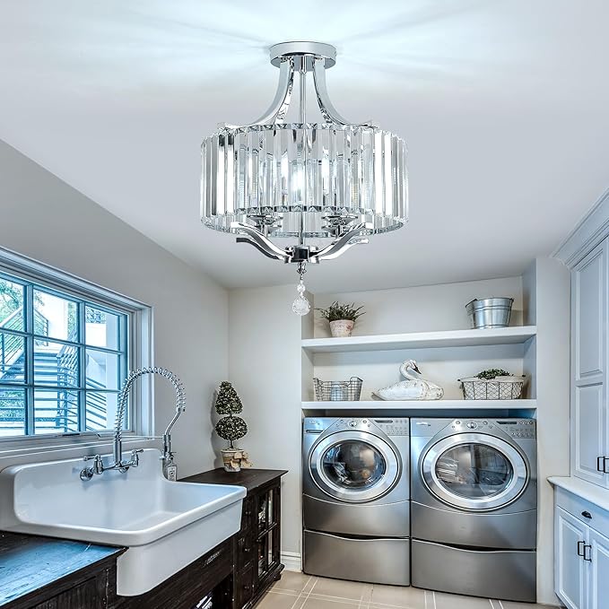 Modern Crystal Chandelier 4 Lights Chrome Semi Flush Mount Ceiling Light Fixture E12 Farmhouse Chandelier for Bedroom Dining Room Entryway Hallway Kitchen