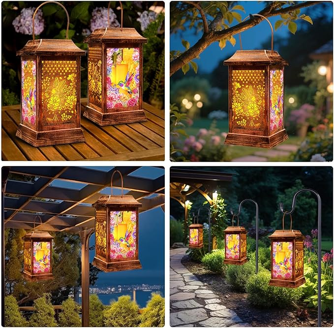 Hummingbird Solar Lanterns Outdoor Waterproof, Metal & Glass Hanging Lights Garden Decor, Birthday Gifts for Christmas Women Mom Mothers Day, Decorative Lights for Outside Yard Patio Backyard Porch