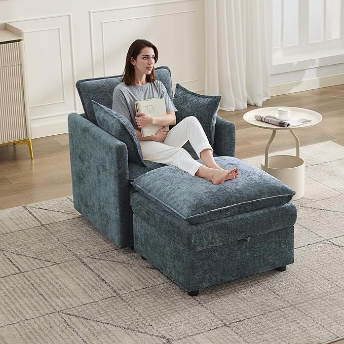 30" Cloud Modular Single Sofa Chair with Storage Ottoman, Modern Upholstered Accent Chair with Storage, Chenille Reading Lounge Armchair for Living Room, Bedroom, Small Space, Blue