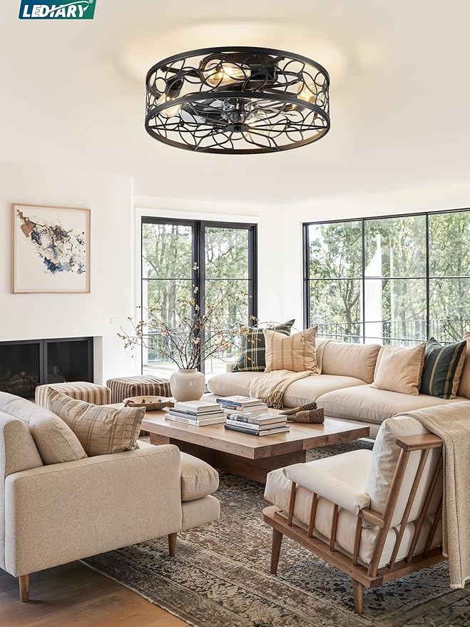 LEDIARY 20 Inch Caged Ceiling Fans with Lights, Black Flush Mount Ceiling Fan with Remote, Low Profile Bladeless Ceiling Fan Light Fixture for Bedroom, Kitchen, Dining Room