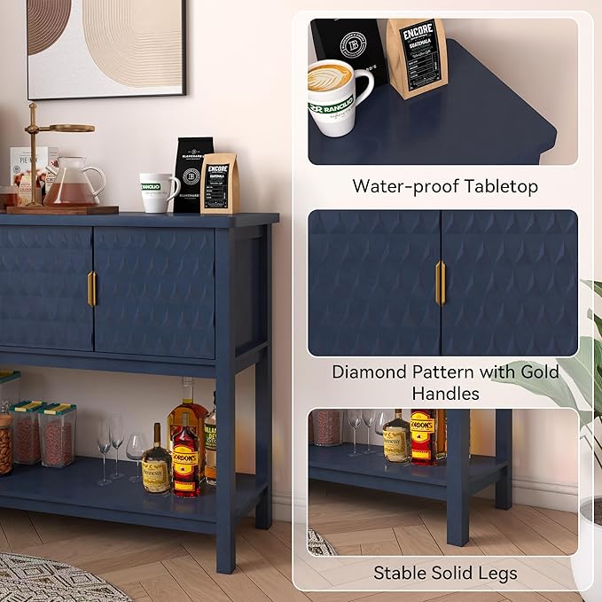 Modern Console Table with 3 Diamond Pattern Doors, Wood Entryway Table with Storage, Behind The Couch Sofa Table for Hallway, Living Room, Foyer, Dining Room, Blue