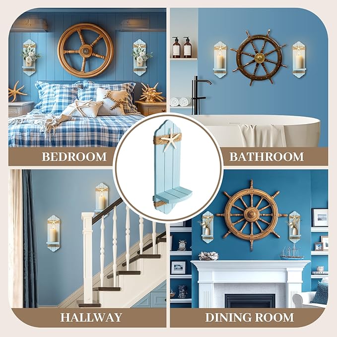 Wall Candle Sconces Set of Two, Blue Wood Wall Candle Holder Decor, Farmhouse Wooden Candle Holder Wall Decorations for Fireplace, Hallway, Living Room, Bedroom