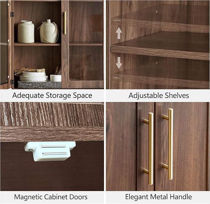 Tall Pantry Cabinet with Glass Doors, 77" Kitchen Storage Cabinets with Arched Door & Adjustable Shelves, Mid Century Modern Wooden Display Wine Cabinet for Living Room, Dining Room, Walnut