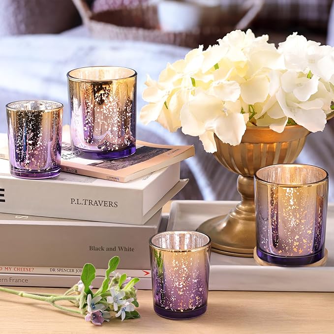 Volens 12pcs Assorted Purple Votive Candle Holders, Large Speckles Mercury Glass Votive & Tealight Candle Holder Bulk for Wedding Table Centerpiece, Purple and Gold Themed Party Decorations