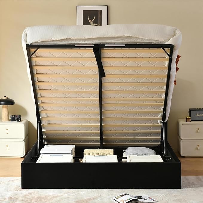 YUHUASHI Queen Size Hydraulic Storage Bed, Upholstered Platform Bed Frame, Modern Wingback Design Headboard, Velvet Fabric with Hydraulic Support Bars, No Box Spring Required (Black, Twin)
