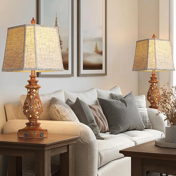 PARTPHONER 29" Table Lamps Set of 2, Bedside Lamps with USB A+C Ports & Night Light, Farmhouse Nightstand Lamps with Linen Fabric Shades for Bedroom Living Room, Wood Grain (LED Bulbs Included)