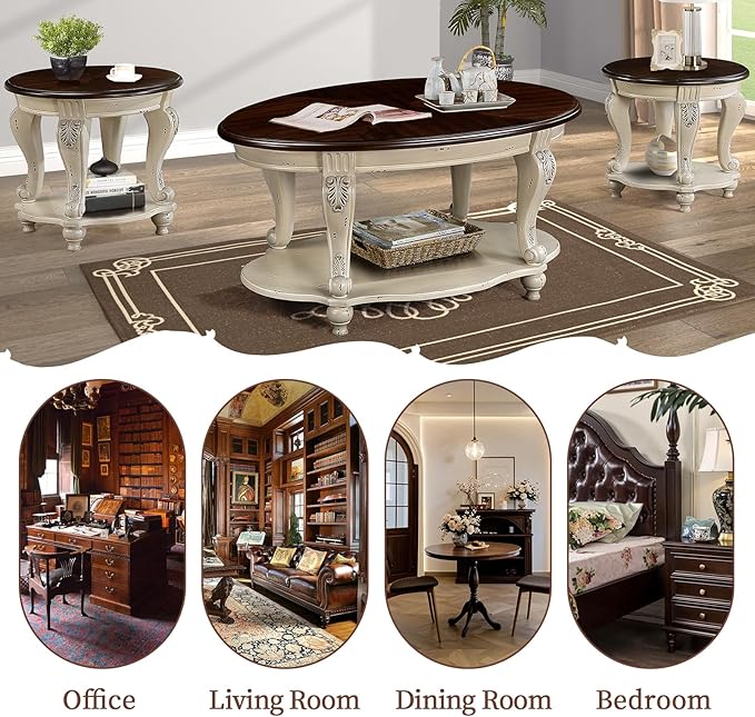 LKTART Oval Coffee Tables Set of 3, Vintage Wood Coffee Table with Carved Wood Legs, Antique Living Room Table Set(Beige and Espresso Top)