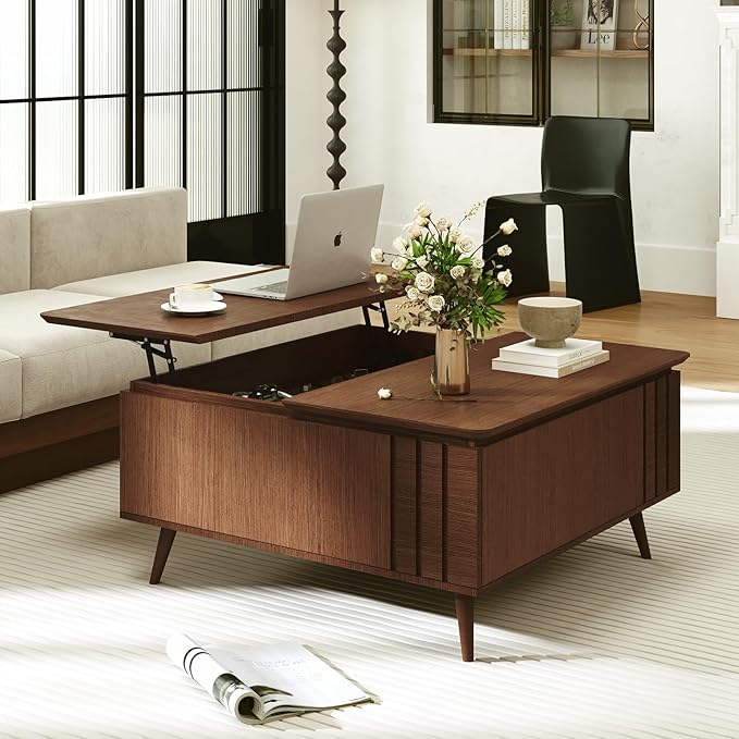 Square Coffee Table, Lift Top Coffee Table with Storage, Mid Century Modern Center Table with Hidden Compartment & Storage Shelf for Living Room,Dining Room,Home,Dark Walnut