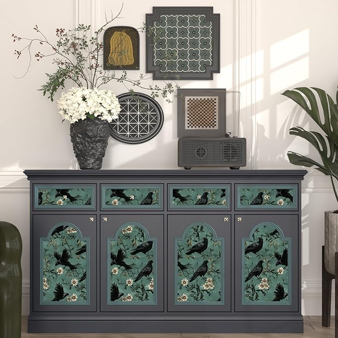 Crow Peel and Stick Wallpaper 17.4" x 394" Gothic Contact Paper Witchy Self Adhesive Removable Covering for Bedroom Bathroom Cabinet Drawer Halloween Vintage Raven Wall Decor Dark Grey Green