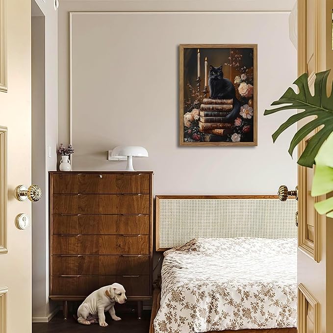 Vintage Dark Academia Framed Wall Art, Victorian Black Cat Floral Canvas Prints, Antique Book Wildflower Gothic Wall Decor for Living Room Gallery Library – Dark Wooden Frame 12x16in