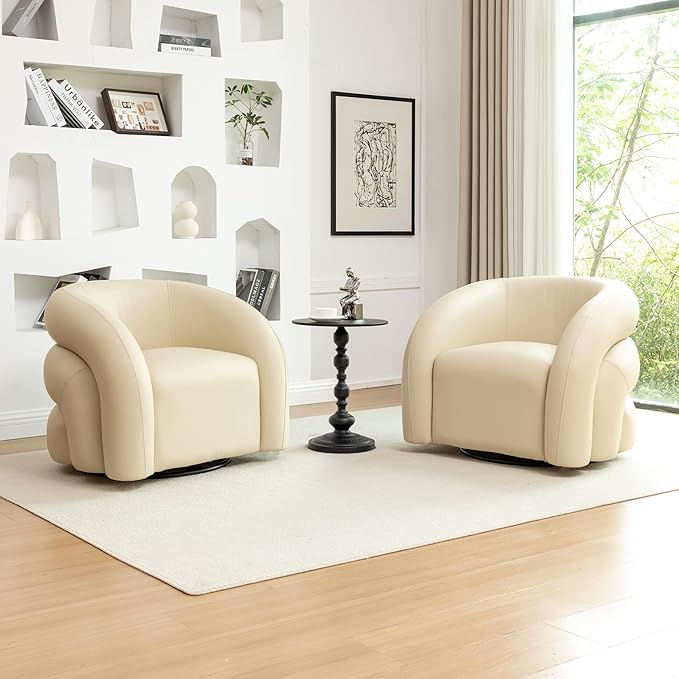 34.6" W Swivel Accent Chair, Modern Round Faux Leather Armchair for Living Room,Upholstered Comfy Sofa Chairs for Bedroom Reading Apartment Lounge,Fully Assembled(Dark Apricot)