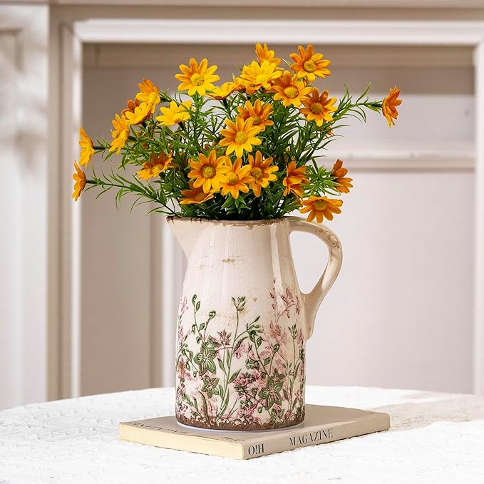 Vintage Pink and Green Floral Pitcher Vase with Handle, Ceramic Farmhouse Flower Vase French Country Decor, Rustic Table Centerpiece, Grand Millennial Tuscan Home Decor for Living Room, Bookshelf