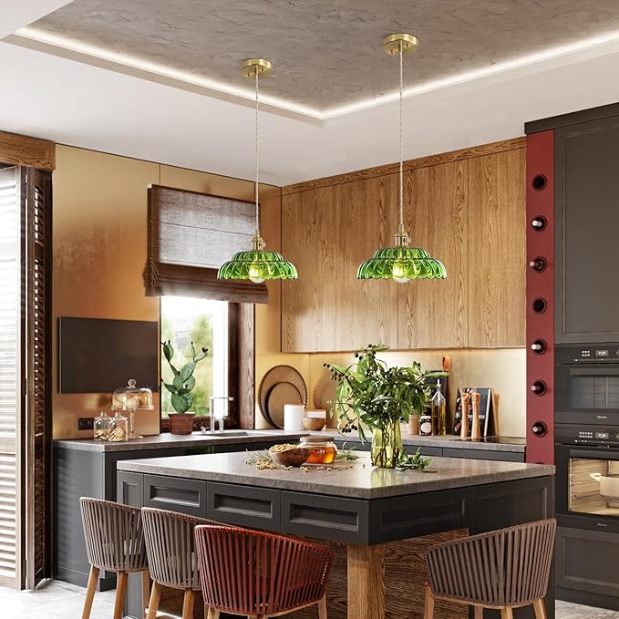 1 Pack Pendant Light with Lotus Green Glass Lampshade, Brass Vintage Pendant Light, Adjustable Hanging Light, for Kitchen Island Dining Room Hallway, E26 Socket (Bulbs Not Included)