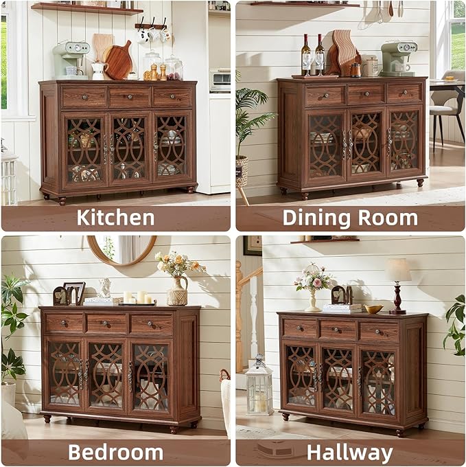Large Sideboard Buffet Cabinet with Storage,48" Credenza with 3 Glass Doors & 3 Drawers,Adjustable Shelves Coffee Bar,Wood Kitchen Console Table for Dining Room,Living Room,Brown