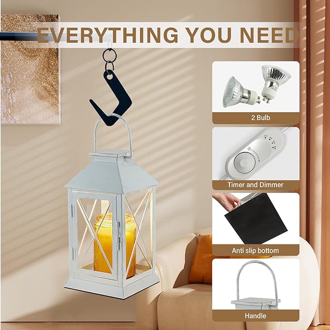 Candle Warmer Lamp with Timer,Cande Warmer Lantern for Jar Candle,Dimmable Candle Lamp Warmer Farmhouse Heat Lamp with 2 Bulbs,Auto Shut Off & Adjustable Brightness-White