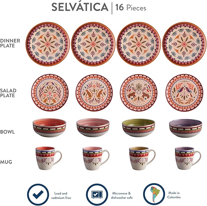 Corona 16–piece Colorful Wild Jungle Animals Inspired Ceramic Dinnerware Sets | Plates, Bowls and Mugs | Service For 4 | Selvatica