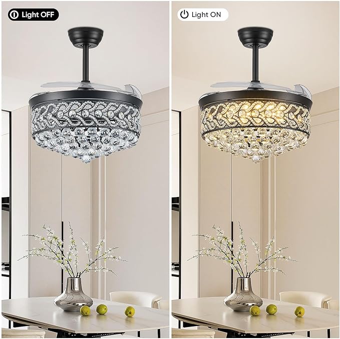 Crystal Fandelier Ceiling Fan with Light, 42" Retractable Ceiling Fans Chandelier Fan with Retractable Blades LED Dimmable Crystal Ceiling Fan Chandelier Fans for Bedroom Living Room etc-Black