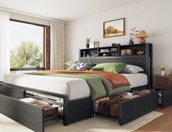 EnHomee Queen Bed Frame with 6 Storage Drawers Queen Size Bed Frame with Headboard, Storage Bed with Charging Station, No Noise,No Box Springs Needed,Black