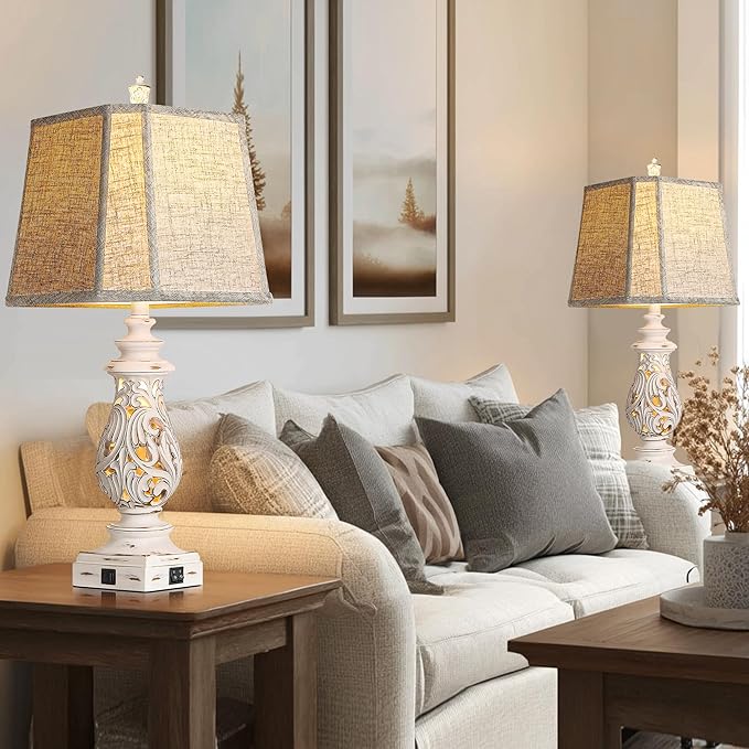 PARTPHONER 29" Table Lamps Set of 2, Bedside Lamps with USB A+C Ports & Night Light, Farmhouse Nightstand Lamps with Linen Fabric Shades for Bedroom Living Room, Antique White (LED Bulbs Included)