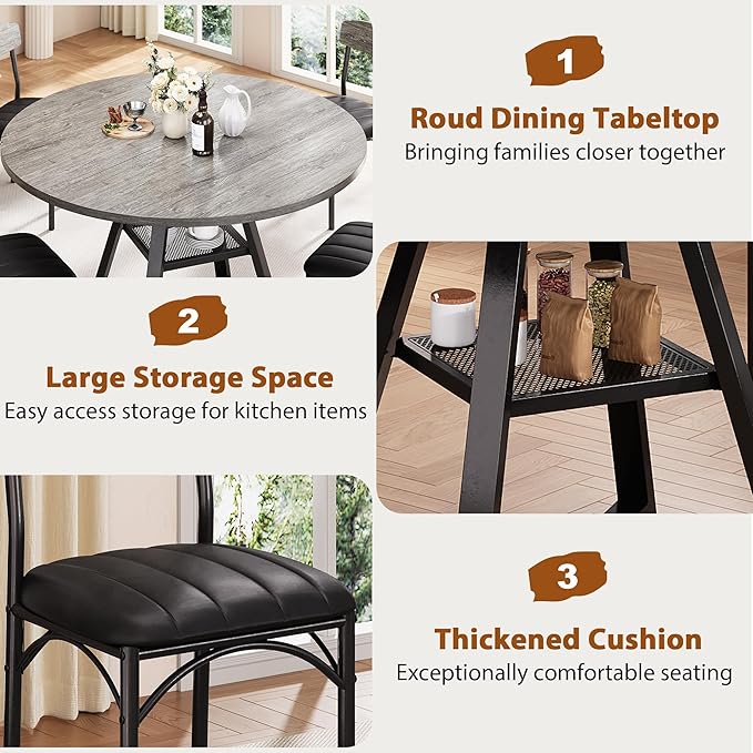 Round Dining Table Set for 4, Kitchen Table and Chairs for 4, Circle Table Round Pedestal Dining Room Dinner Dinette Table Set,5 Piece Space Saving Wood Kitchen & Dining Room Tables (Grey, 47In)