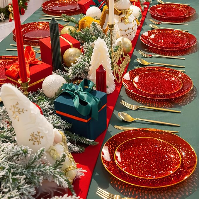 SUT 100Pcs Red Christmas Plastic Plates, Hammered Plates Disposable Heavy Duty, Red Disposable Plates With Gold Rim, Fancy Plastic plates Include 50 Dinner and 50 Dessert Plate for Christmas