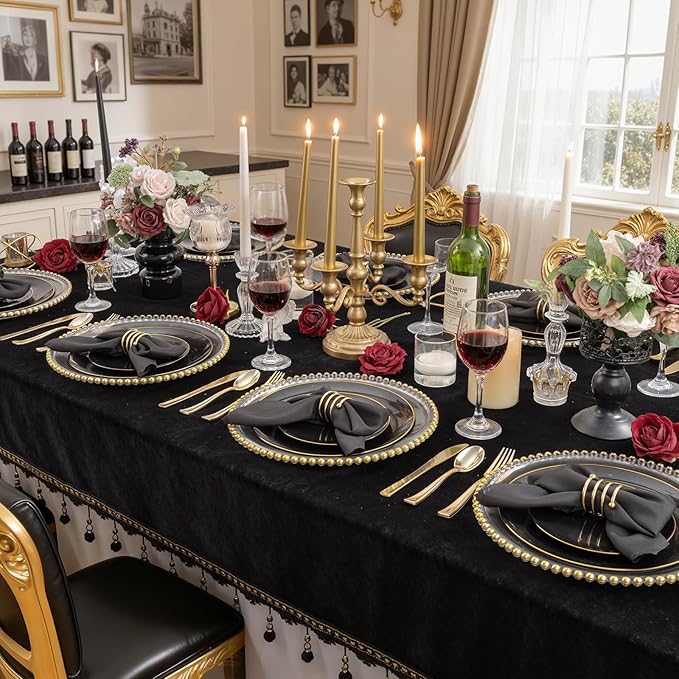 KIRE 100PCS Black and Gold Plates - Black Plastic Plates Disposable with Gold Rim for Halloween Party/Wedding/Birthday Include 50Pcs 10.25inch for Dinner and 50Pcs 7.5inch for Dessert/Salad