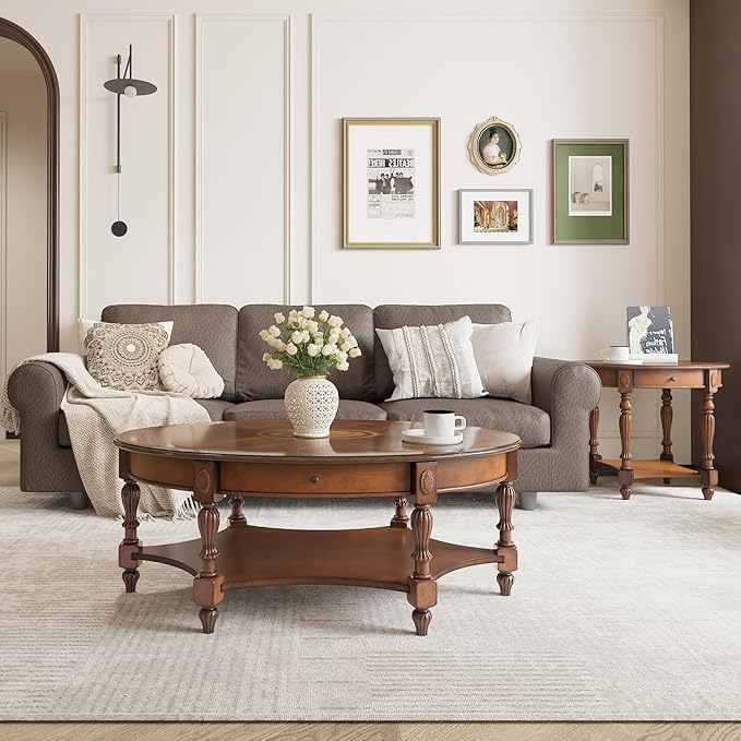 Solid Wood Coffee Table with Drawer and Storage Shelf, Oval Living Room Cocktail Tea Table, Traditional Center Table with Carvings Side Elegant Vintage 45”L x 27.6”Wx18.2”H Caramel Brown KFZ-1533-MG