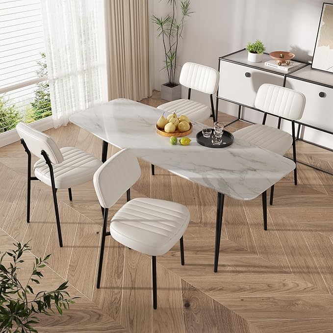 Dining Chairs Set of 4, Modern Faux Leather Dining Chairs with Thick Cushions Seat Back and Metal Legs, Comfy Upholstered Kitchen Chairs for Dining Living Room (White)