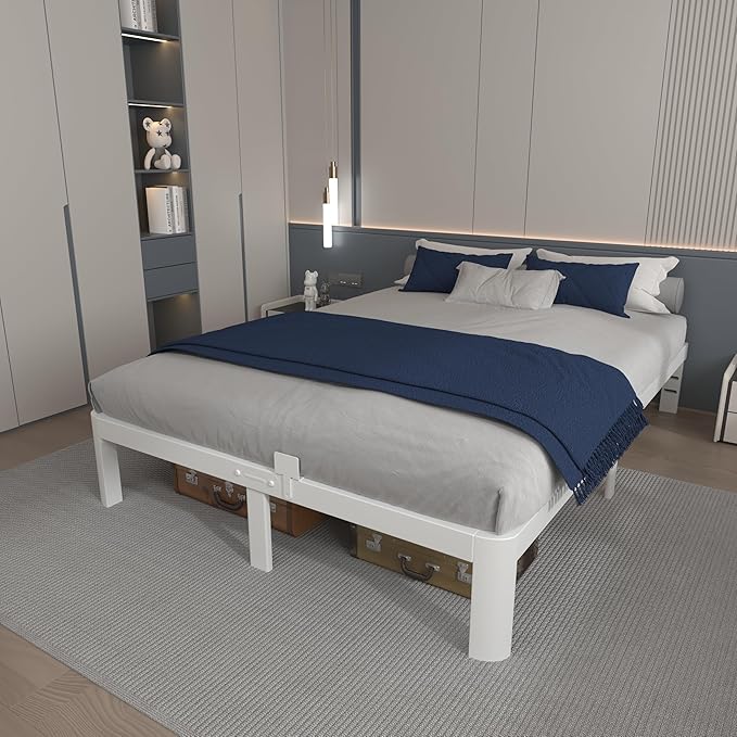 10 Inch Queen Bed Frame, White Bed Frame Queen Size with Metal Baffles, No Box Spring Needed, Heavy Duty Steel Platform Support, Rounded Corner Legs, Reserved Holes, Noise Free, Storage Space