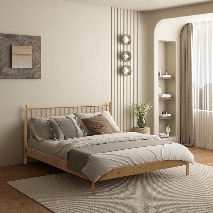 NTC Inno Wooden Bed Frame with Headboard, Solid Oak and Rubber Wood Foundation with Silent Slats and Wood Central Supports, 1000 Lb Capacity, Effortless Assembly, King - Teak Look