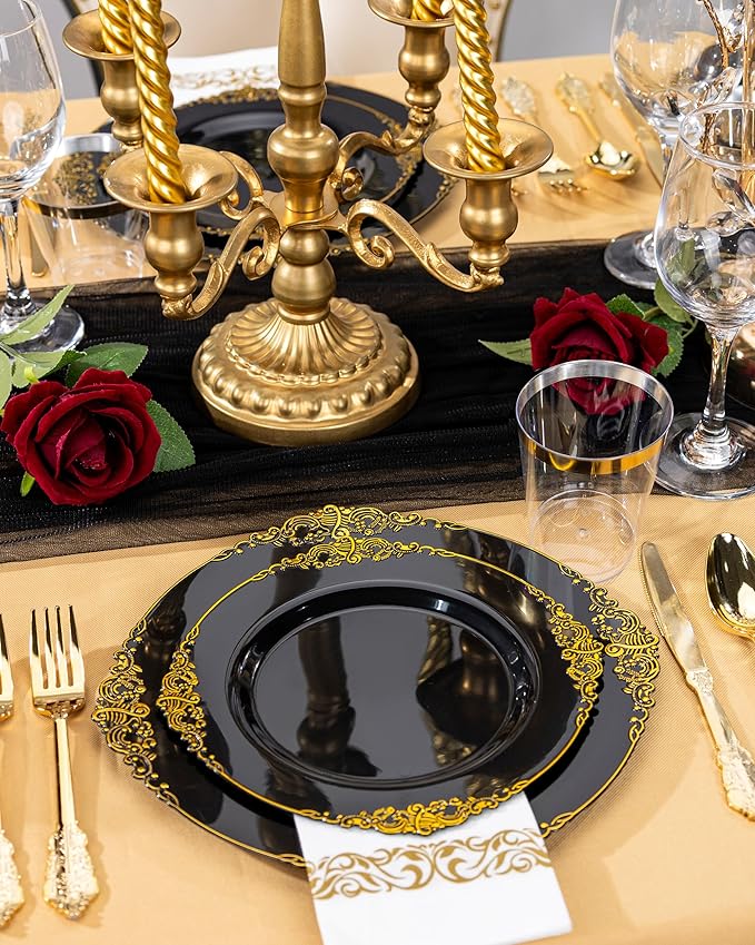 Nervure 100PCS Black Gold Plastic Plates - 7.5 inch Black Plastic Plates with Gold Rim - Disposable Dessert Plates for Wedding & Party & New Year